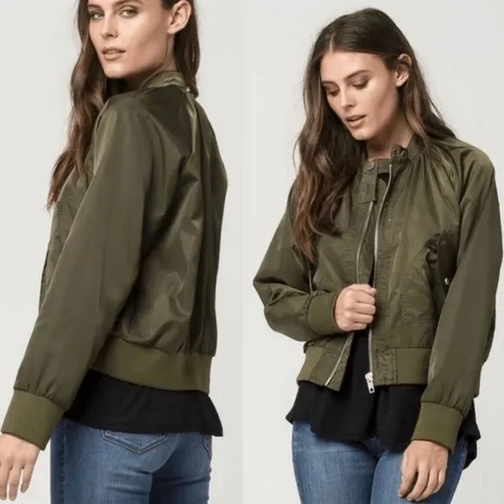 Free People Midnight Olive Green Satin Full-zip Bomber Jacket Bohemian Small